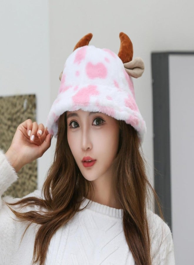 BSYLOO Funky Fuzzy Cow Print Bucket Hat with Plush Horns - Perfect for Women and Girls! Pink - Image 5